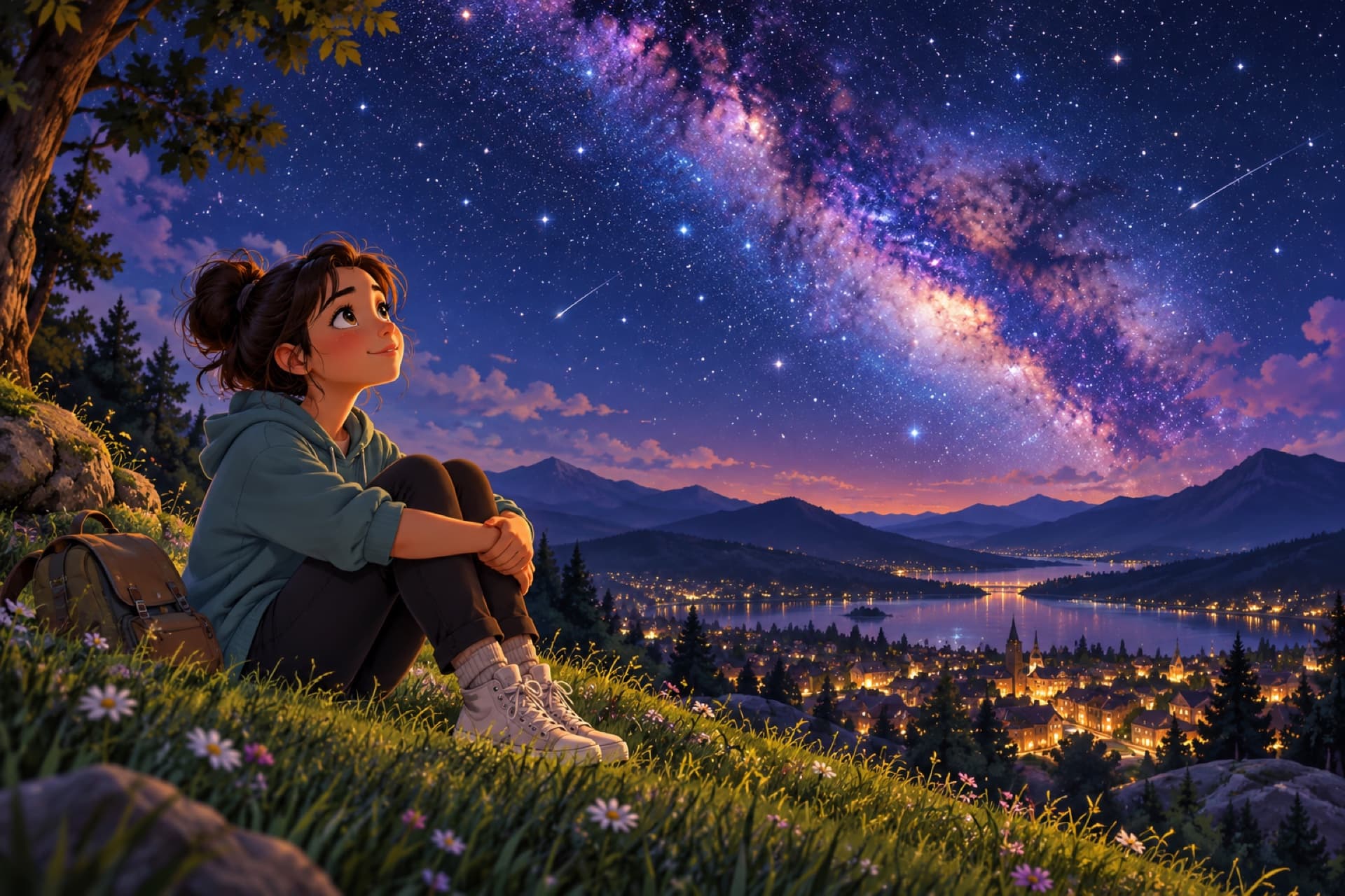 A teenager sits on a grassy hill at night, looking up at a sky full of stars and the Milky Way.