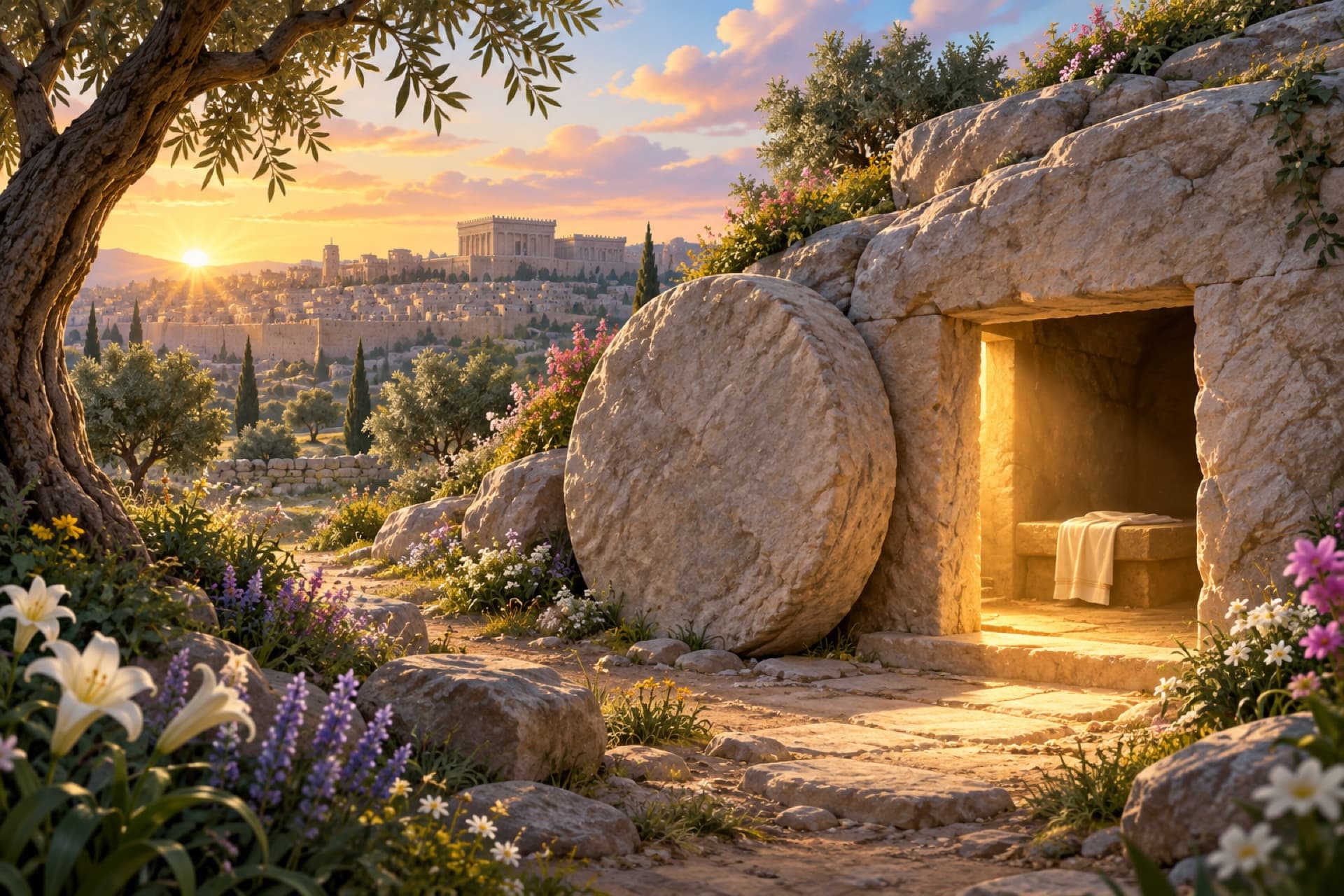 A rock-cut tomb in a garden at sunrise, its round stone rolled aside and light spilling from the doorway.