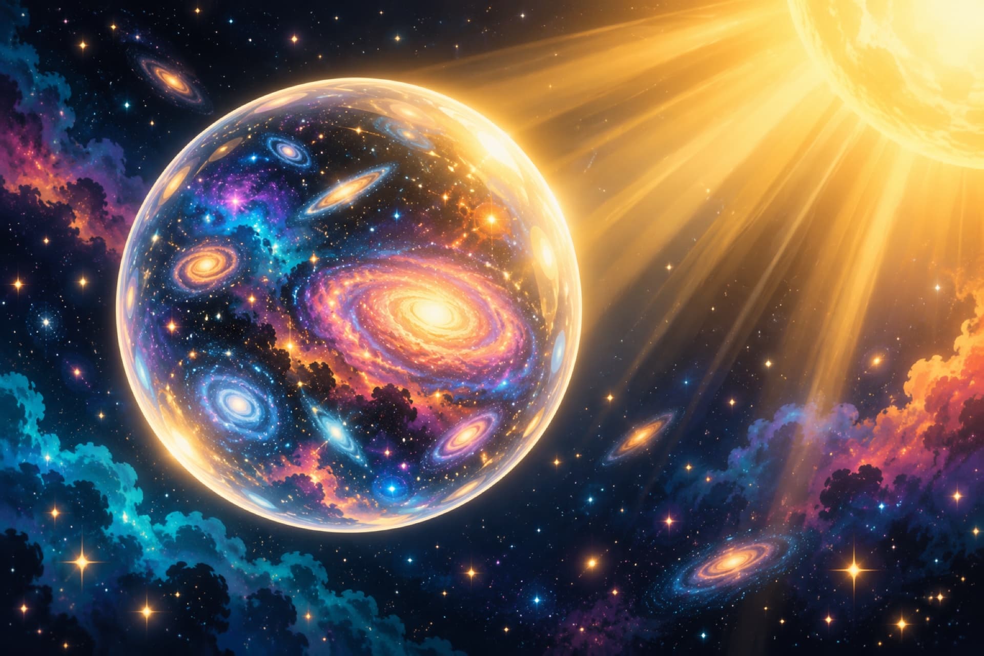 A small glowing bubble holding galaxies, with a vast warm light shining on it from outside.
