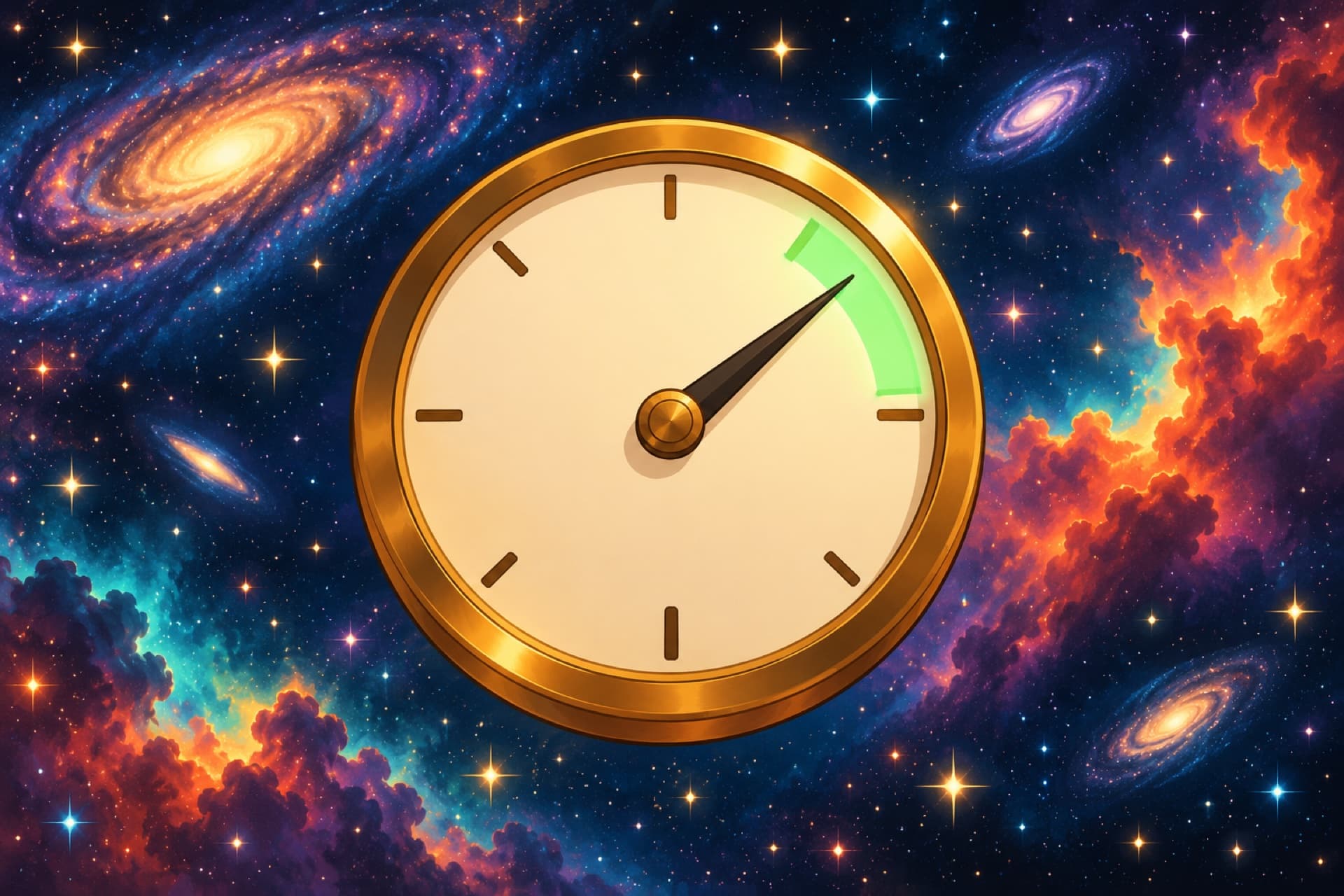 One large brass dial floating among the stars, its needle resting exactly on a thin glowing green band.