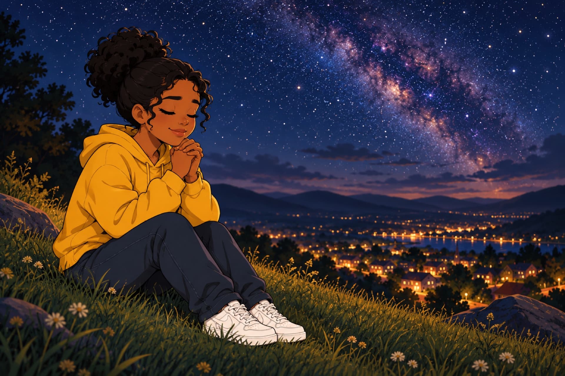 A teenager sits on a hilltop under the stars with her eyes closed and her hands folded, praying.