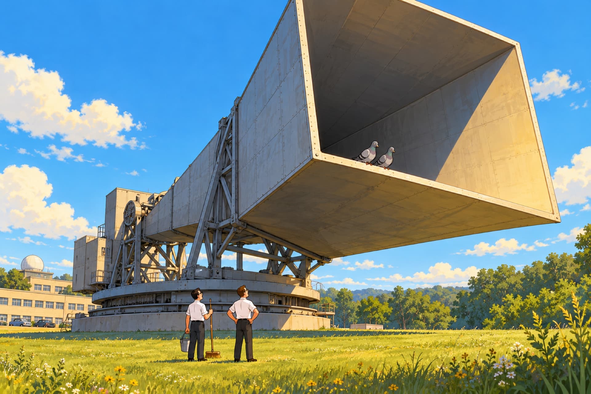 Two pigeons perch on the rim of a giant horn antenna as two engineers below look up at them, one holding a broom.