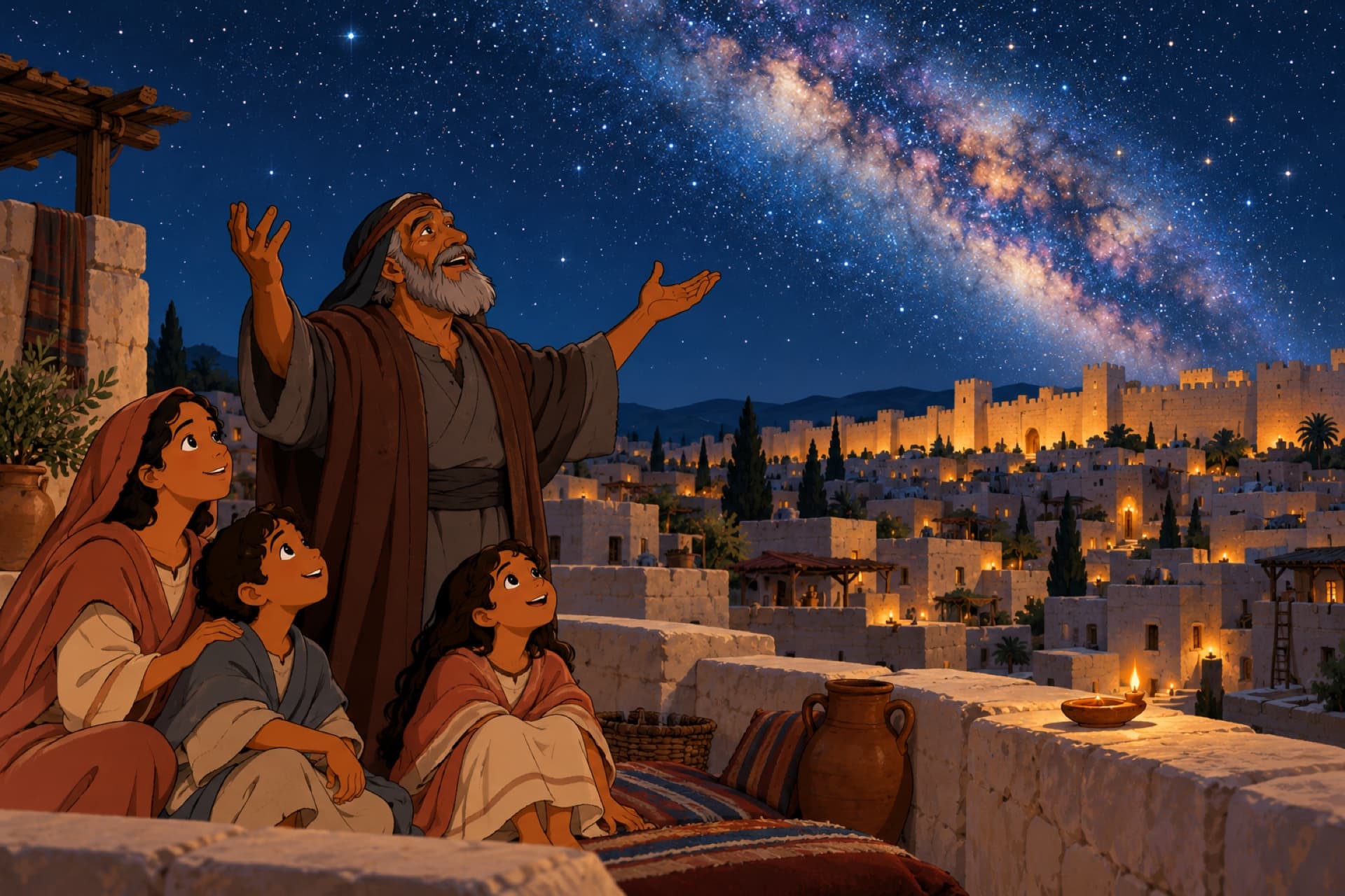 On a Jerusalem rooftop at night, Isaiah lifts his arms toward a sky full of stars as a family beside him looks up.