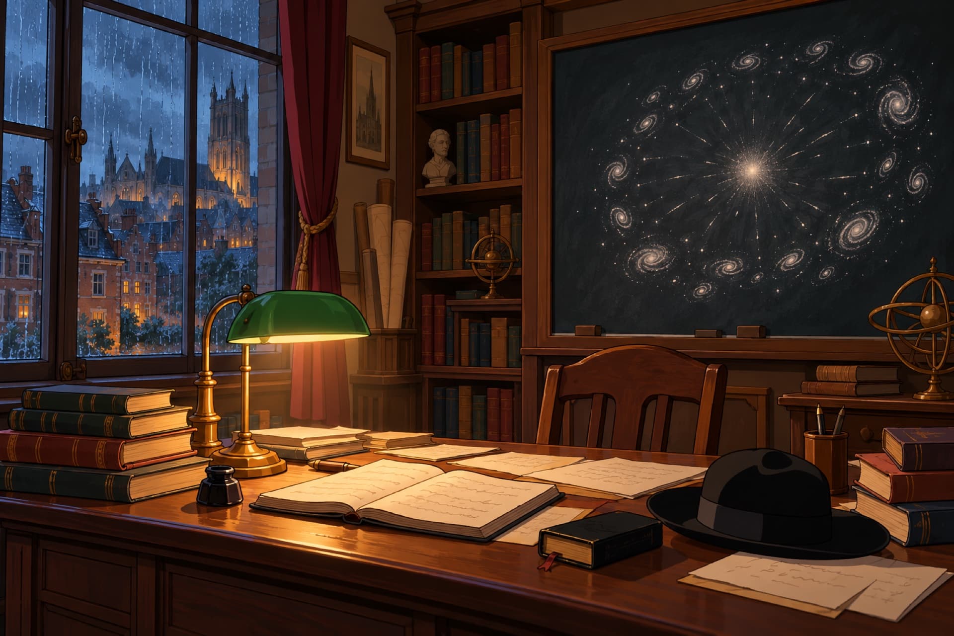 A professor's study on a rainy evening, a chalk drawing of one bright dot bursting into galaxies on the board and a priest's black hat on the desk.