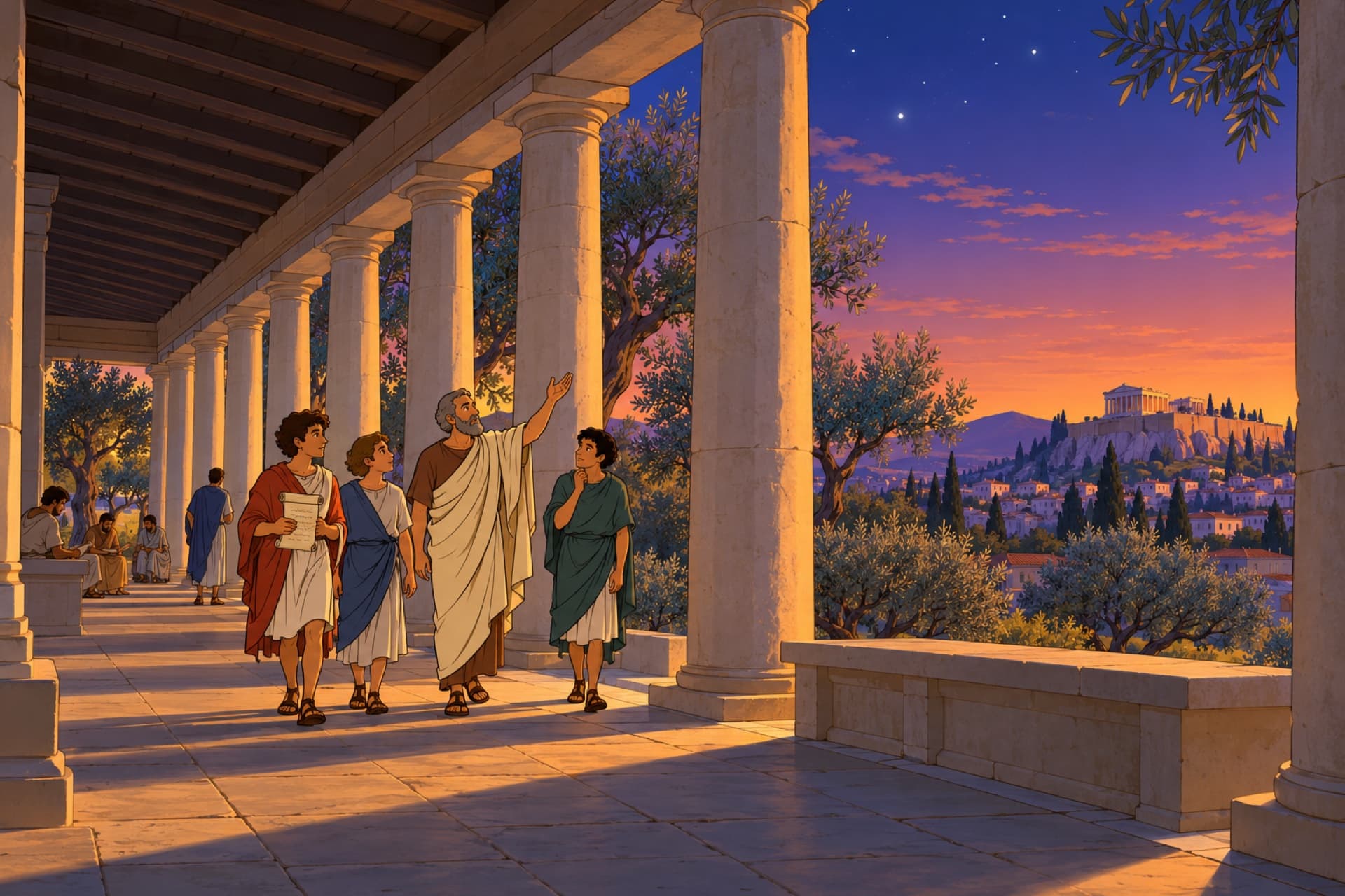 At dusk under a stone colonnade in Athens, Aristotle walks with his students, one hand raised toward the first stars.
