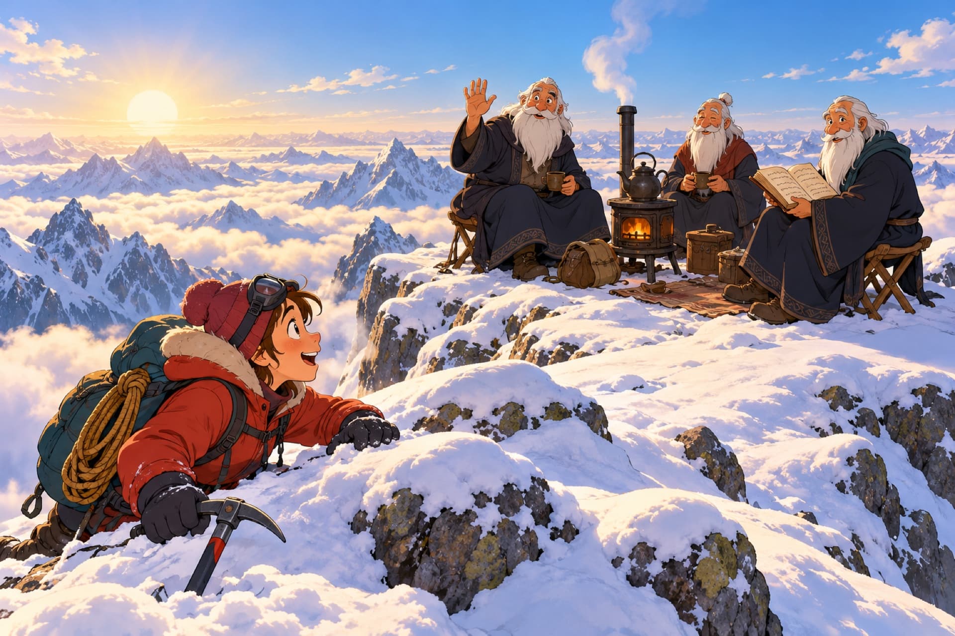 A mountain climber pulls himself onto a snowy summit and finds a band of old scholars already sitting there with a pot of tea.