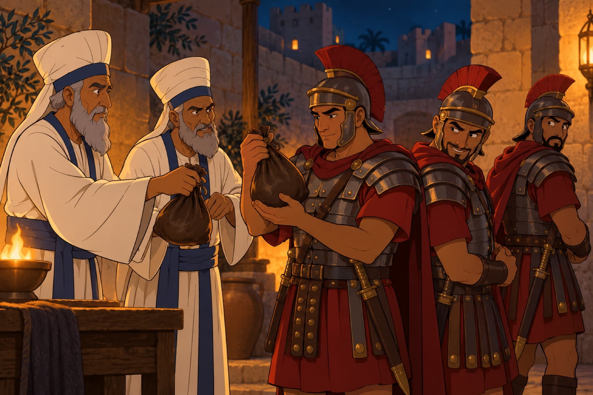 At night in a courtyard, a chief priest hands heavy bags of money to Roman soldiers, who exchange sly looks.