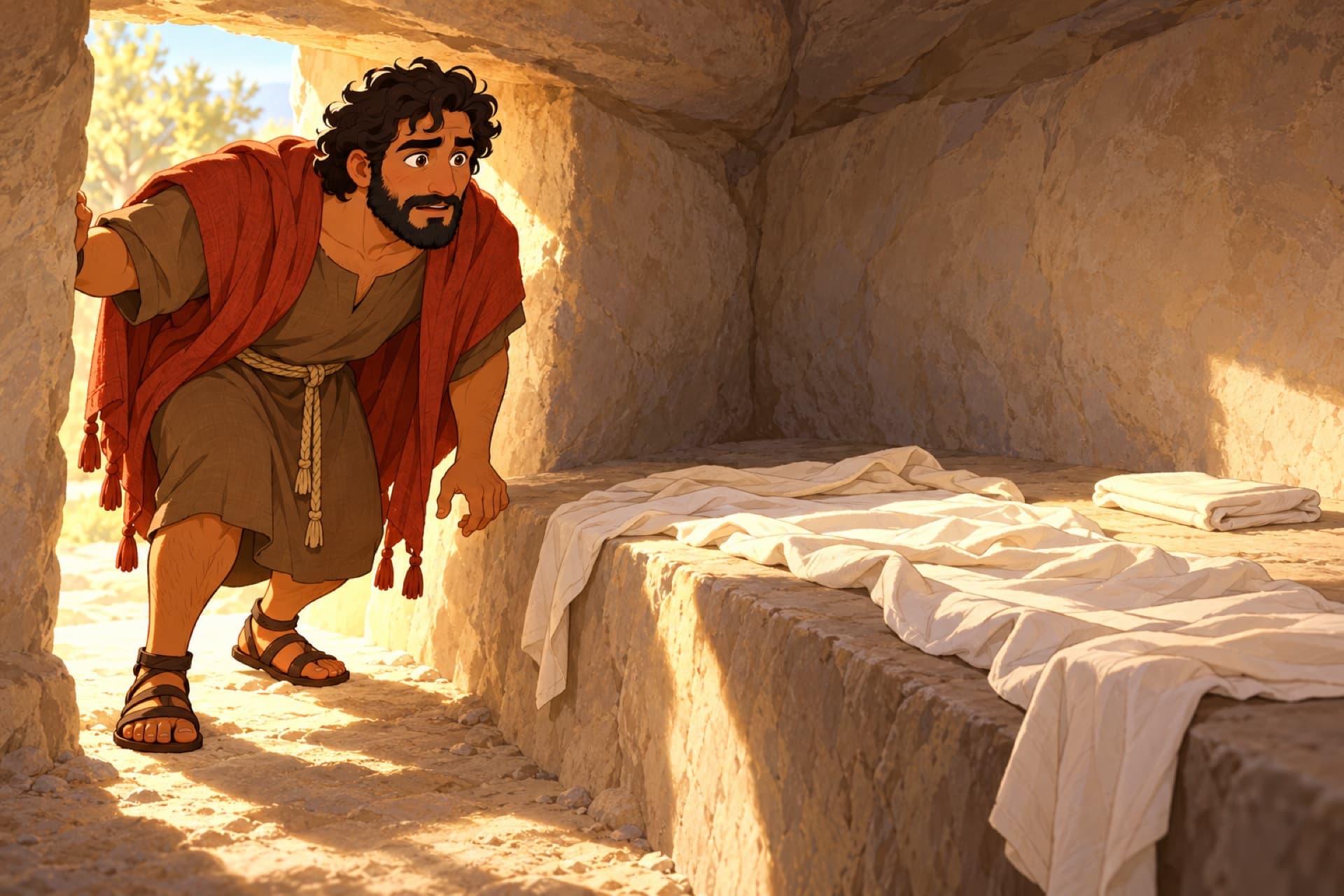 Inside the empty tomb, strips of linen lie flat on the stone shelf where the body was, and the head cloth lies folded apart; Peter bends in at the doorway.