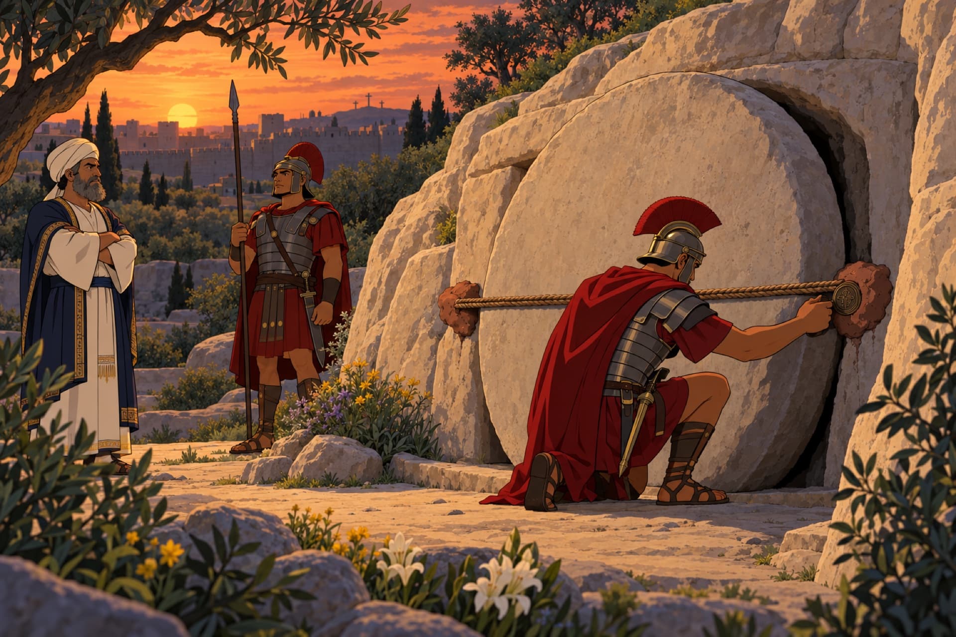 At dusk, Roman soldiers press a seal on a cord across the great stone of the tomb while a chief priest watches.