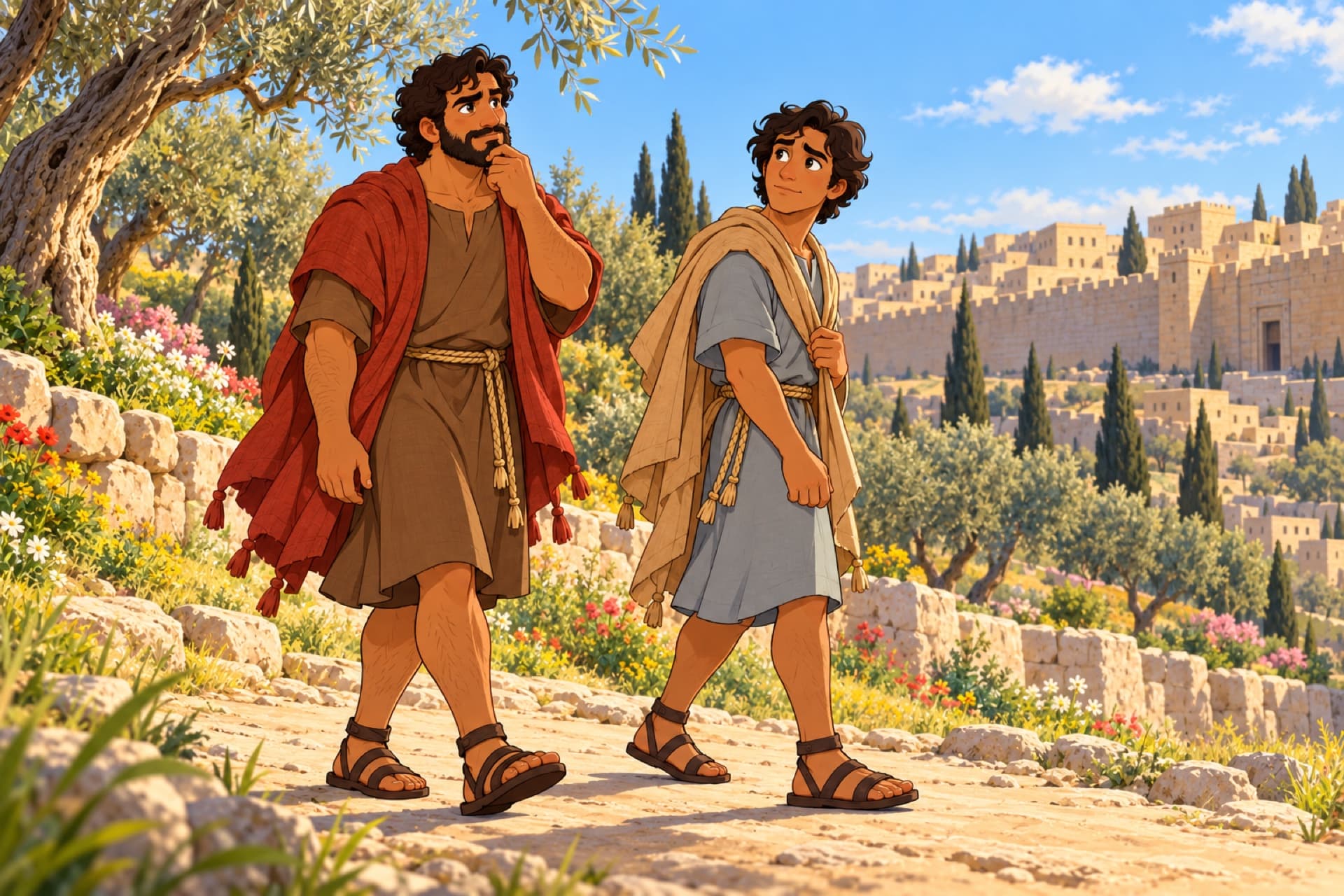 In the full morning light, Peter and John walk slowly back toward the city from the garden, deep in thought.