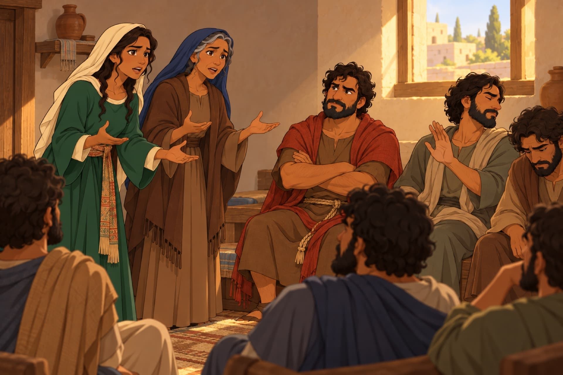 In an upper room, the women eagerly tell the apostles what they saw, and the men wave them off, unconvinced.