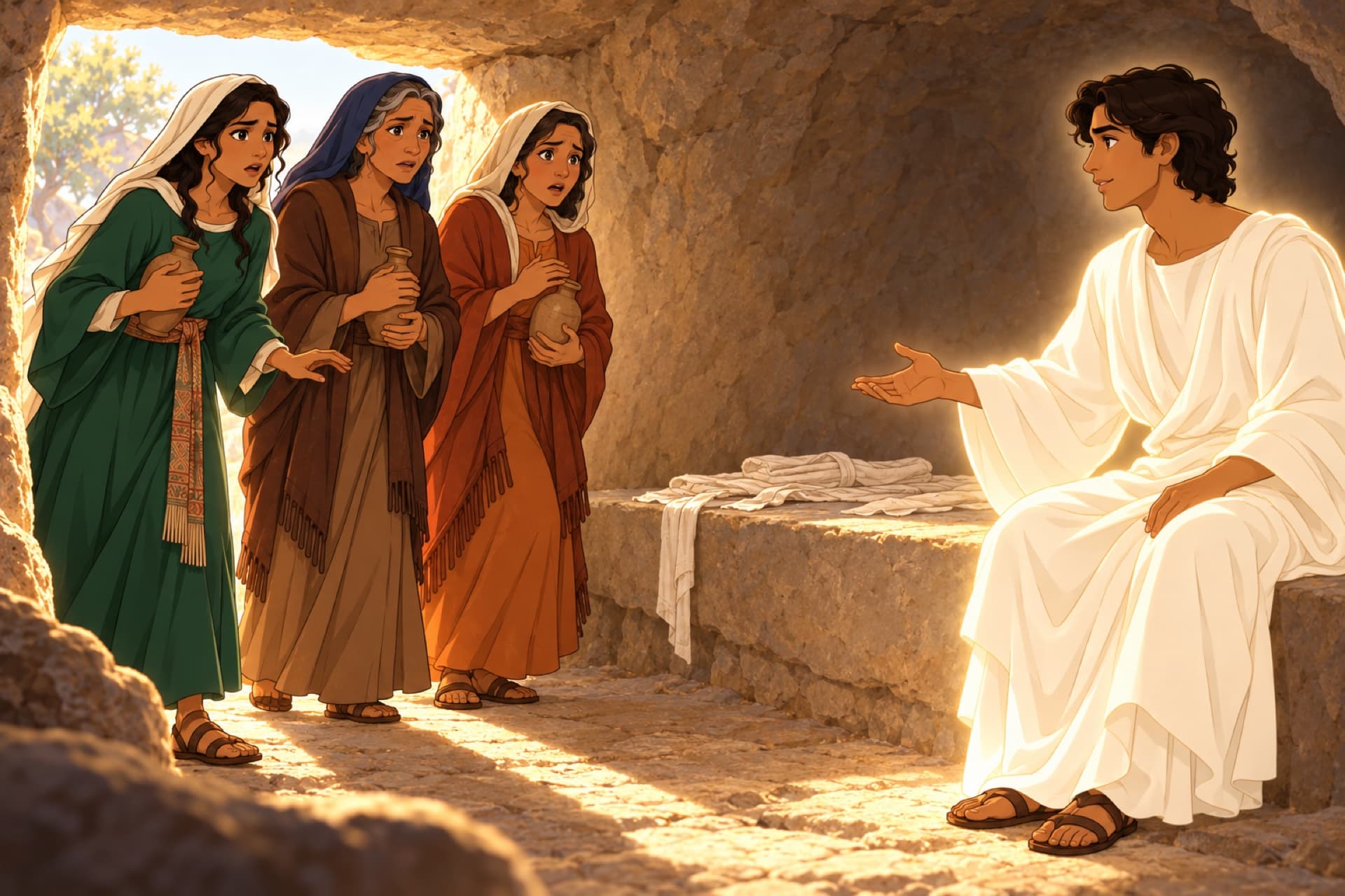 Inside the tomb, a young man in a white robe sits on the right of the empty stone shelf, and three women stand frozen at the doorway, alarmed.