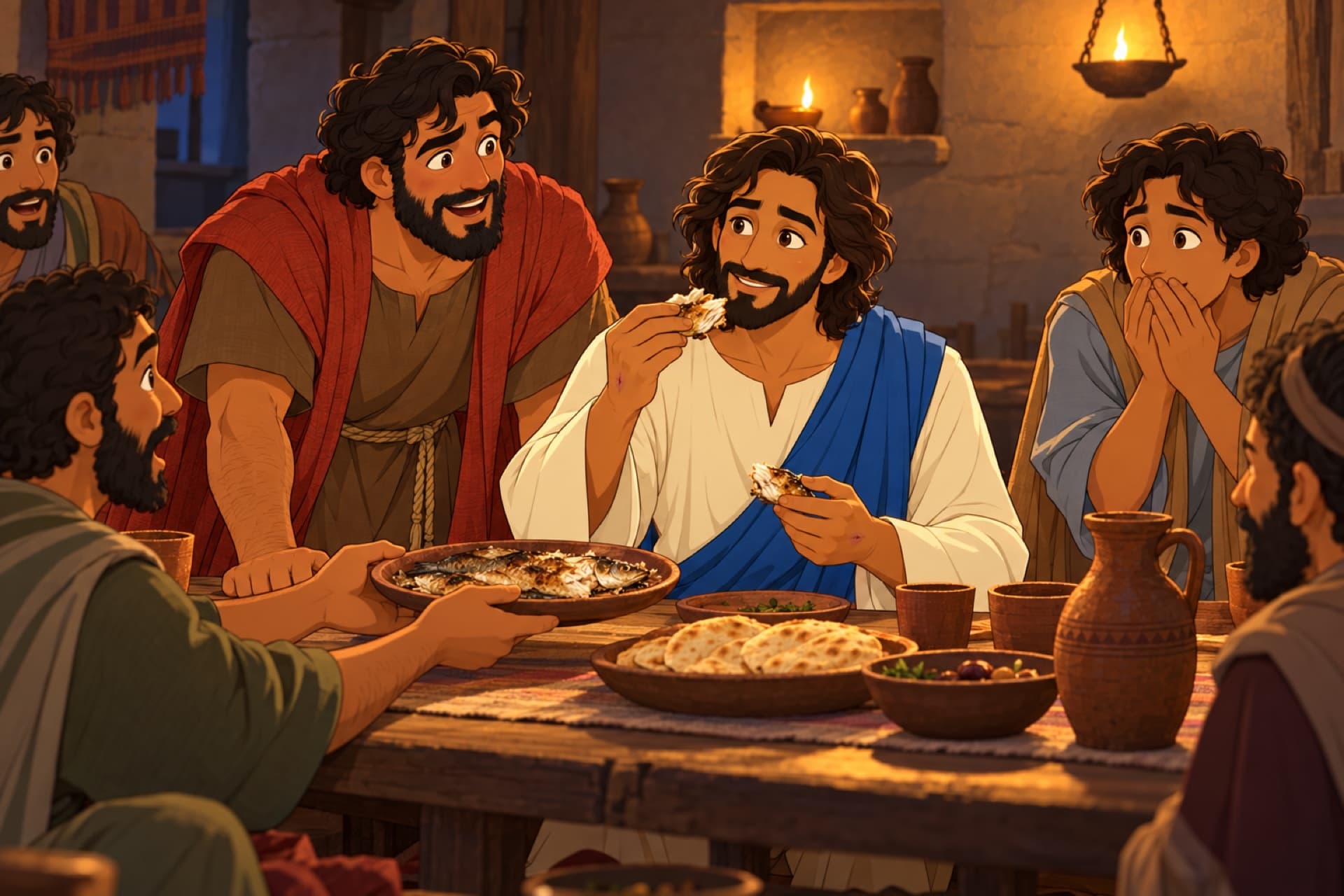 At a low table, Jesus eats a piece of broiled fish while the astonished disciples stare.