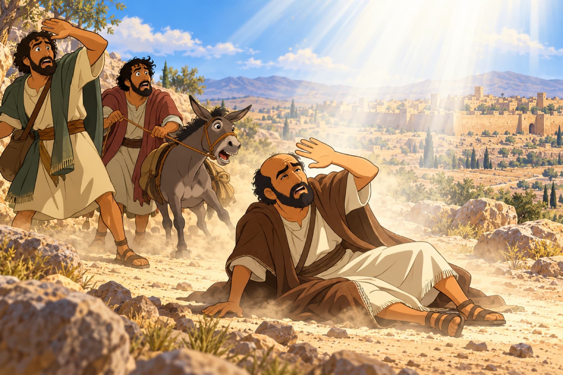 On the desert road to Damascus, Saul lies on the ground shielding his eyes from a blinding light, his companions stunned.