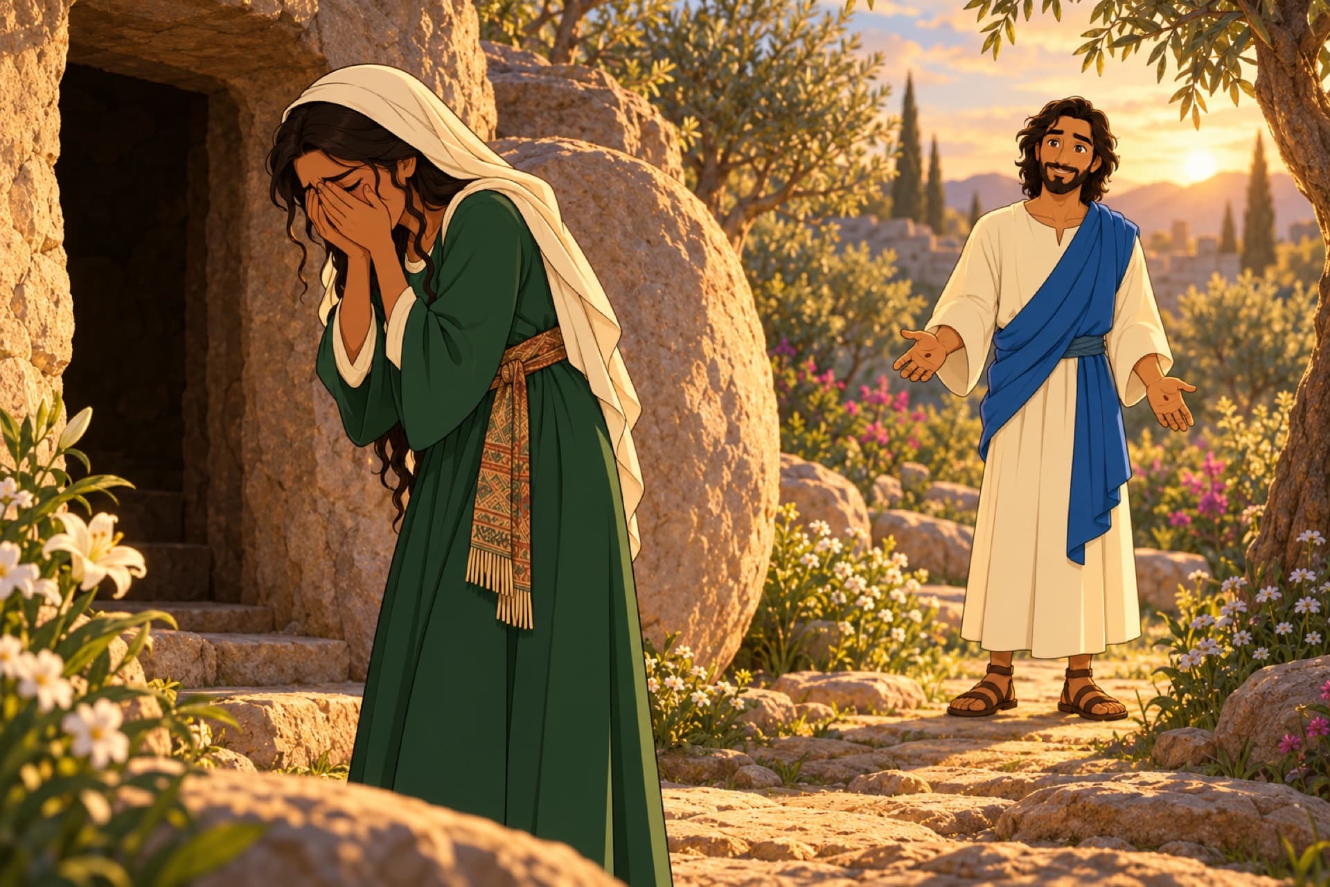Outside the open tomb at dawn, Mary Magdalene weeps; behind her among the olive trees stands a man she takes for the gardener.