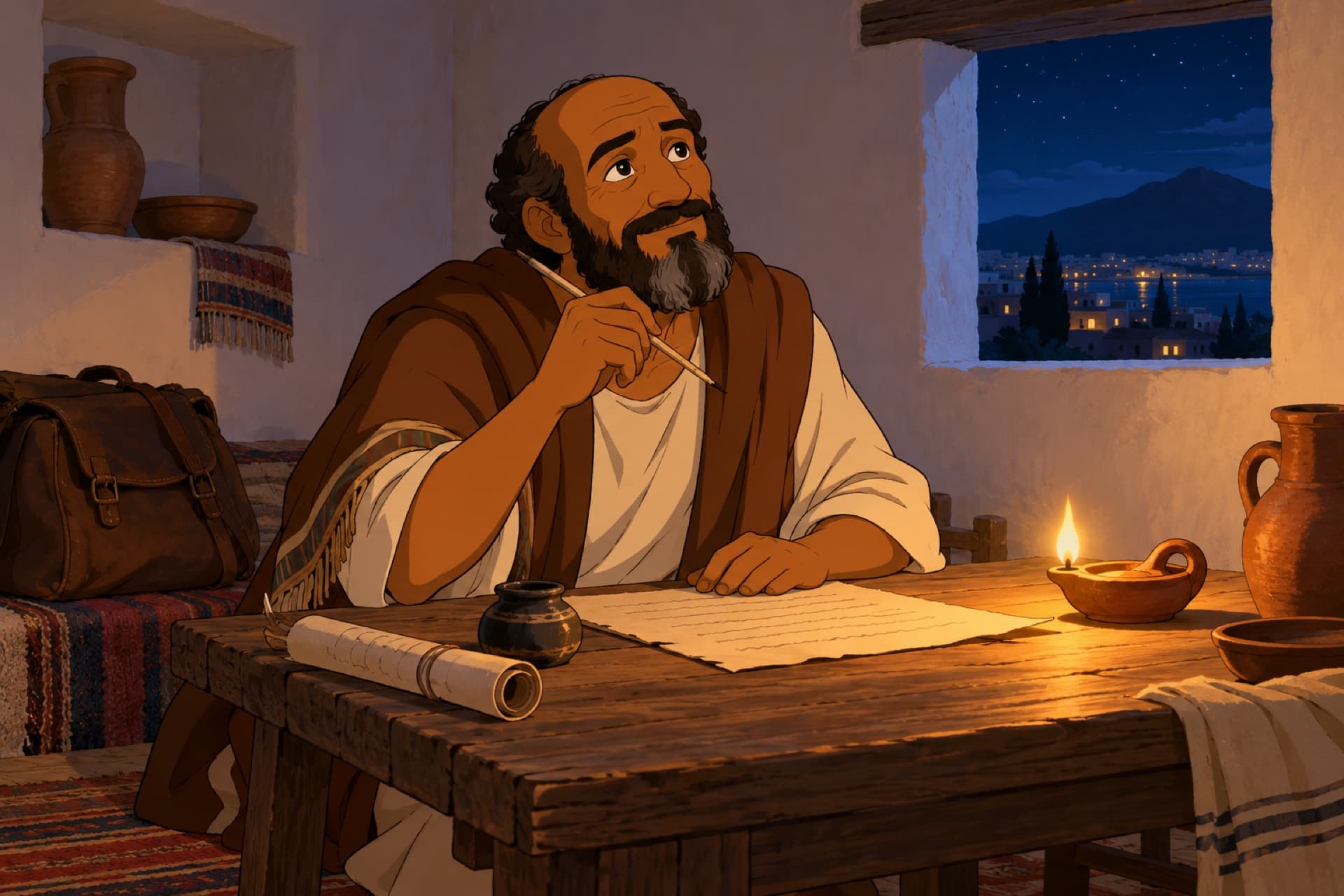 By lamplight in a plain room in Ephesus, Paul writes a letter on a papyrus sheet, pausing to remember.
