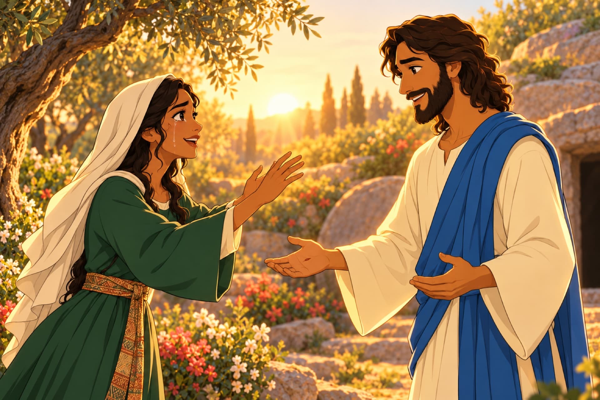 In the garden at sunrise, Mary Magdalene has turned and recognized Jesus, her face lit with joy, reaching toward him.