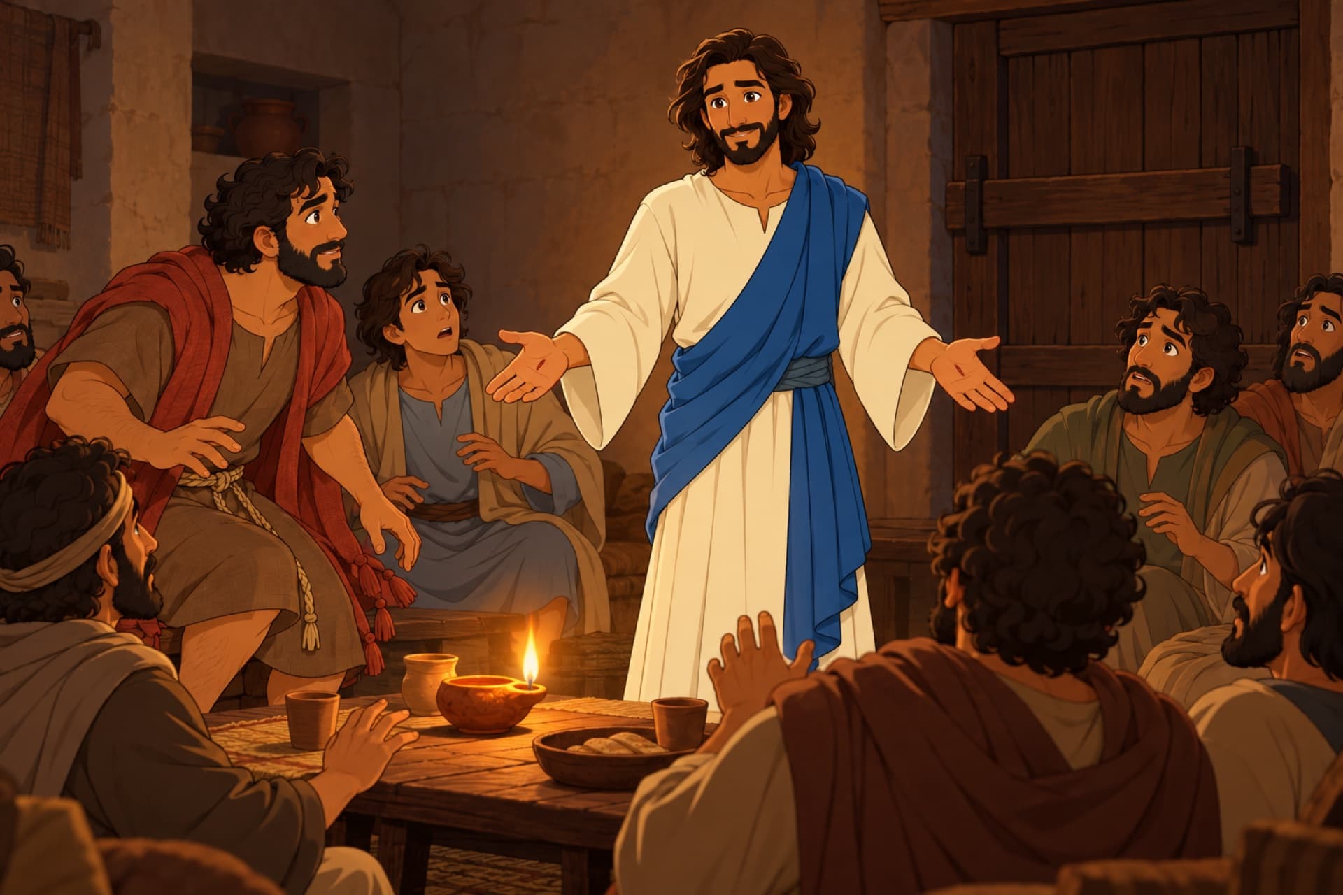 In the locked upper room at night, Jesus stands among the frightened disciples and holds out his hands.