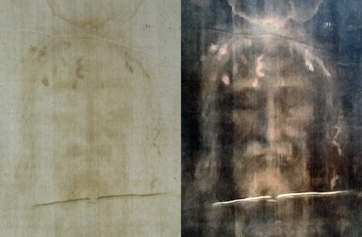 Two views of a faint face on old linen: a pale brown stain on the left, and a clear bearded face on the right.