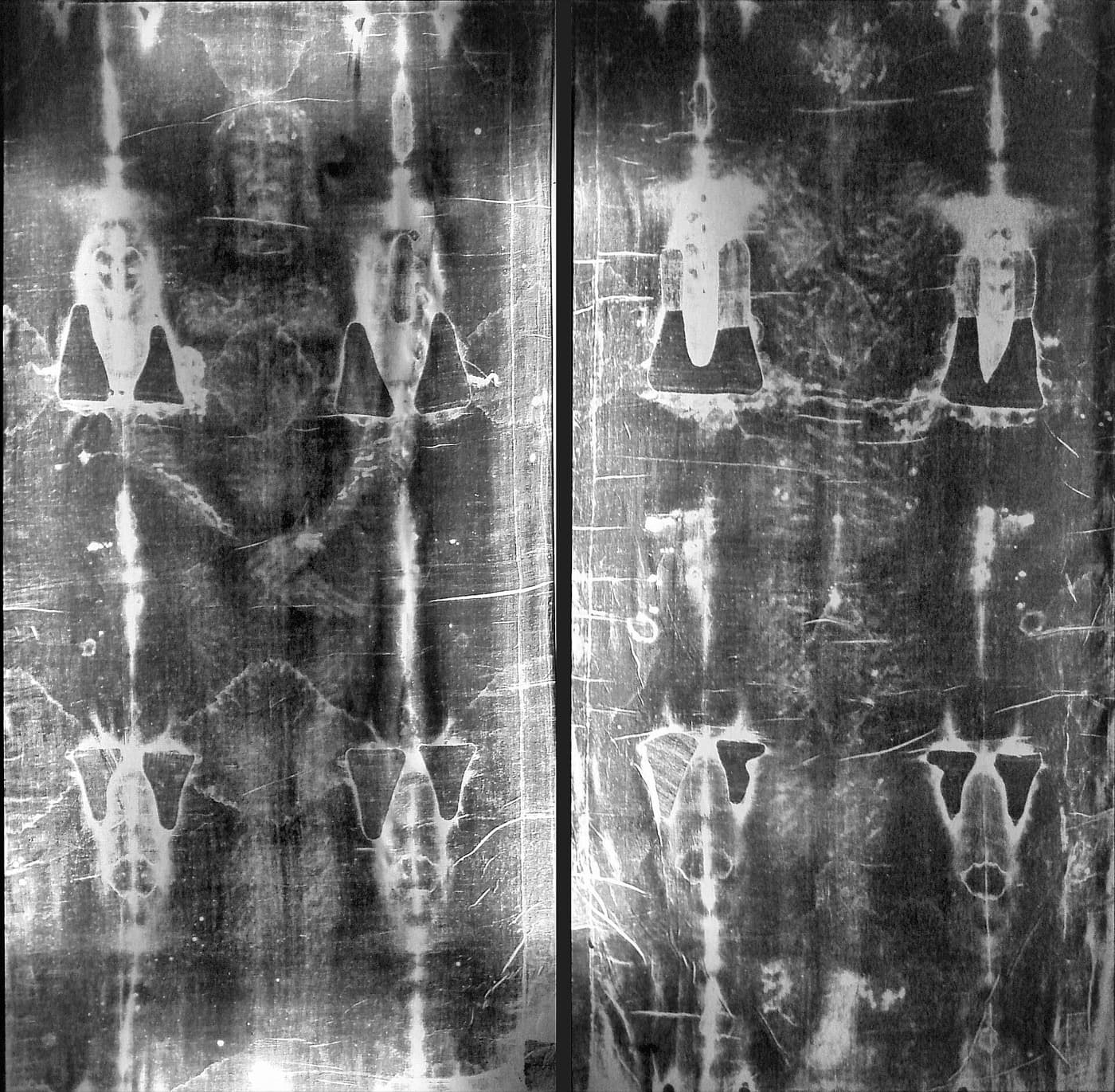 A black-and-white negative of a long cloth showing a man's full body from the front and from the back, head to head.