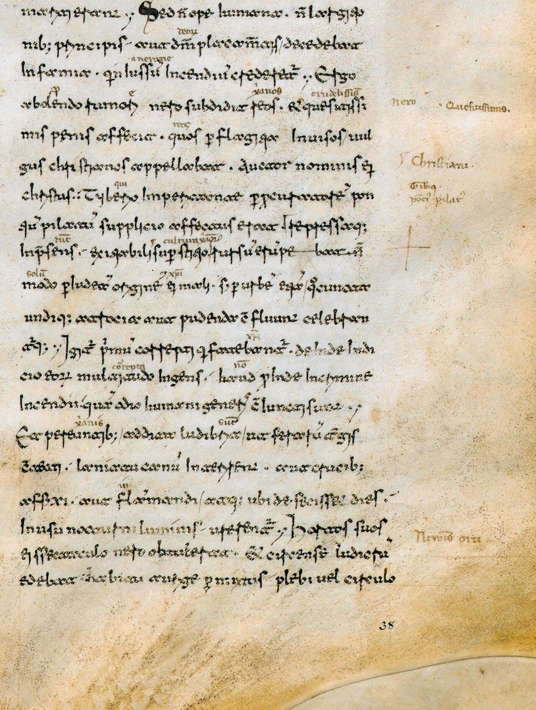 A handwritten medieval Latin manuscript page with notes in the margin.